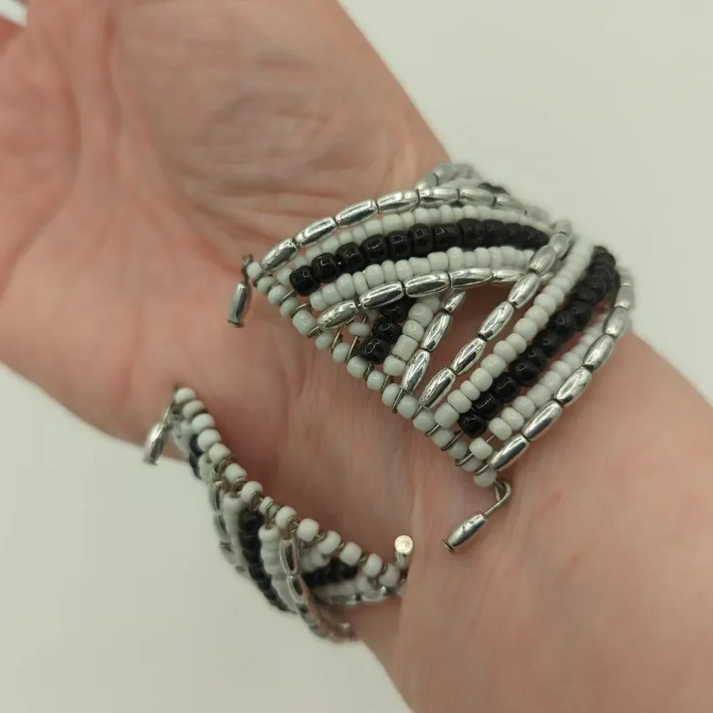 BEADED stretch open cuff bracelet black‎ white silver
